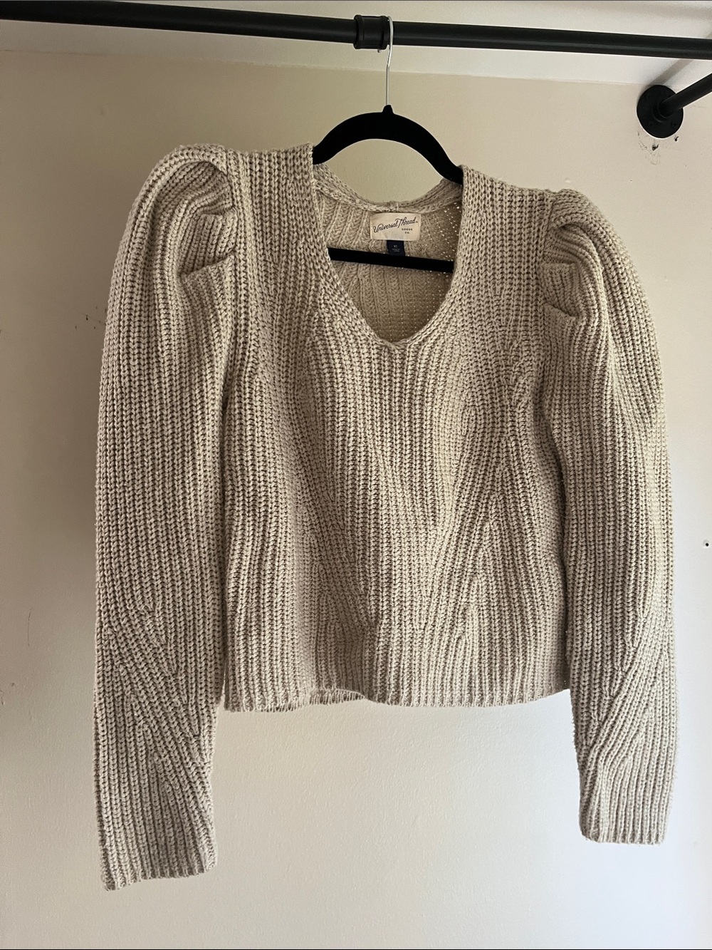 Universal Thread Cream Ribbed V-Neck Sweater with Puff Shoulders